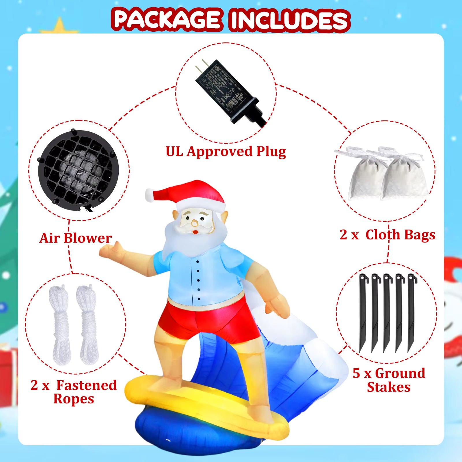 6FT Christmas Surfing Santa Claus Inflatable with LED Lights, Christmas Blow up Yard Decorations for Christmas Garden Lawn Decor