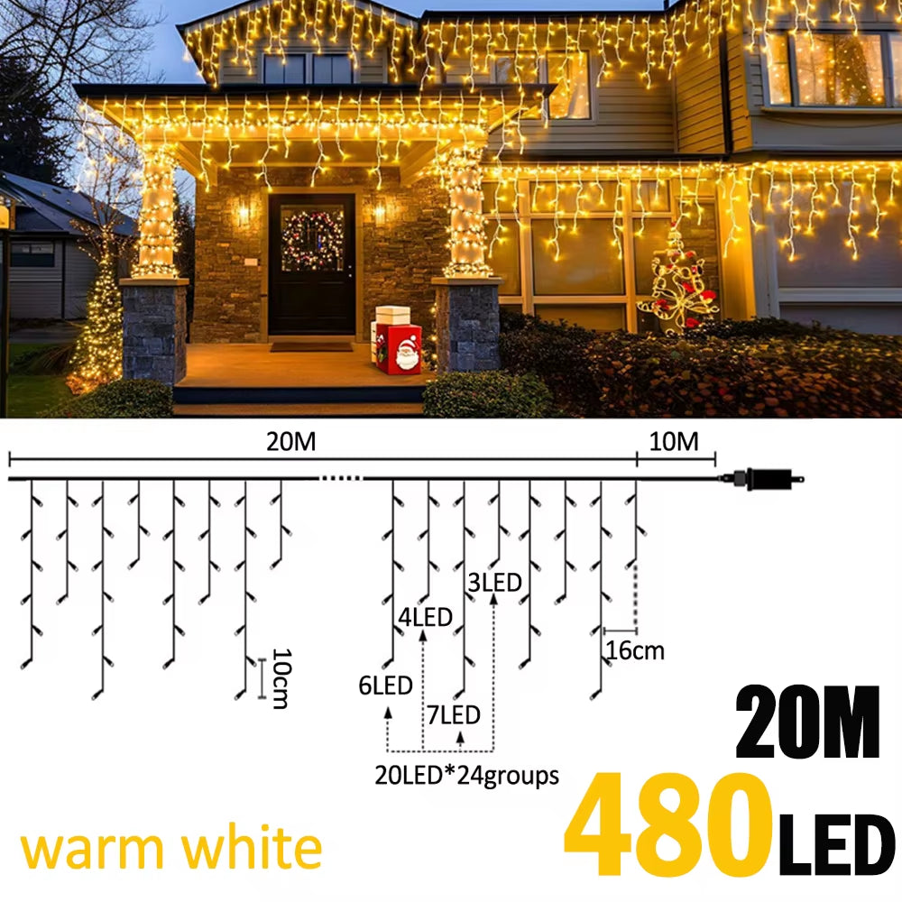 6.5/20M 200/LED Icicle String Lights Christmas 40Drops 8 Modes, Plug in Curtain Waterproof for Holiday Wedding Party Home Garden