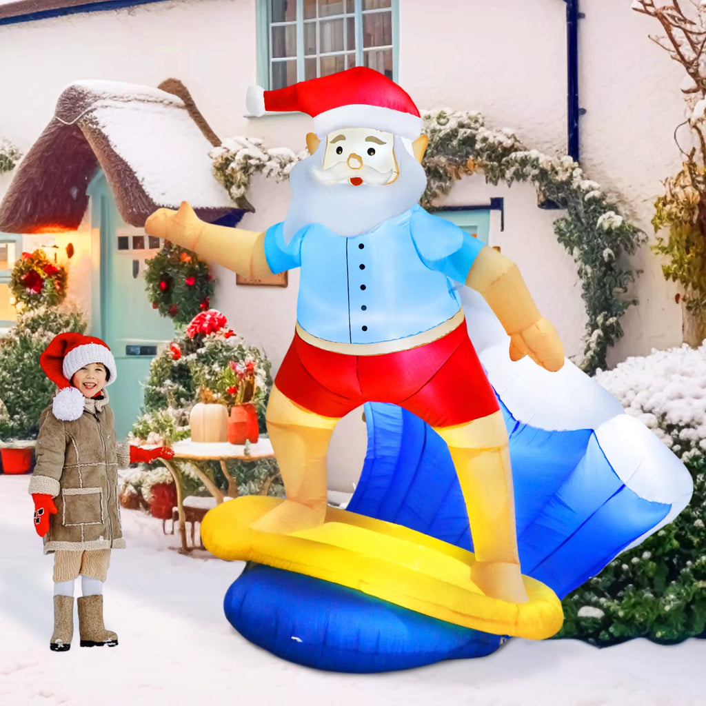 6FT Christmas Surfing Santa Claus Inflatable with LED Lights, Christmas Blow up Yard Decorations for Christmas Garden Lawn Decor