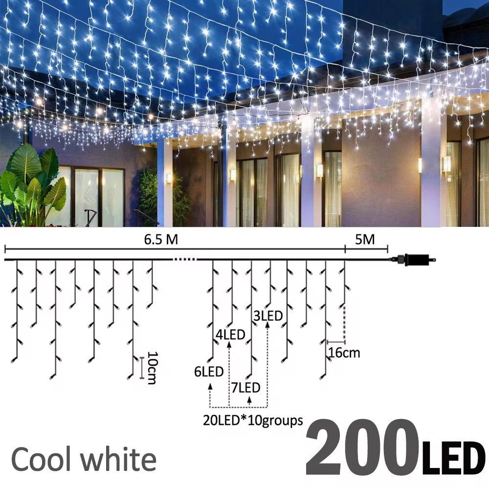 6.5/20M 200/LED Icicle String Lights Christmas 40Drops 8 Modes, Plug in Curtain Waterproof for Holiday Wedding Party Home Garden