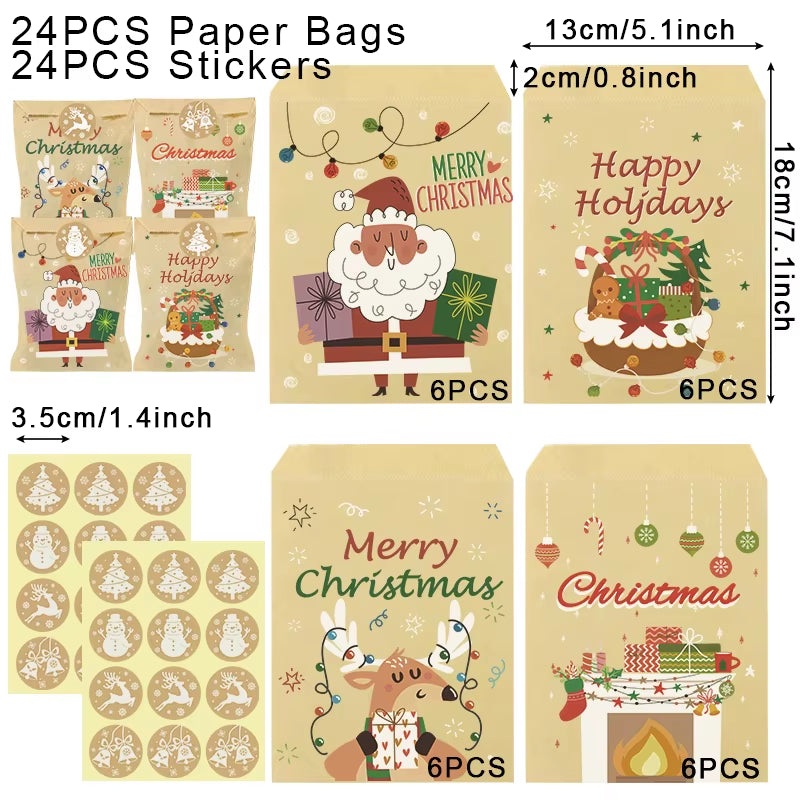 24Set Christmas Gift Bag Kraft Paper Bags Santa Claus Snowman Xmas Party Candy Bag Cookie Xmas Packaging Bag Pouch Wrapping