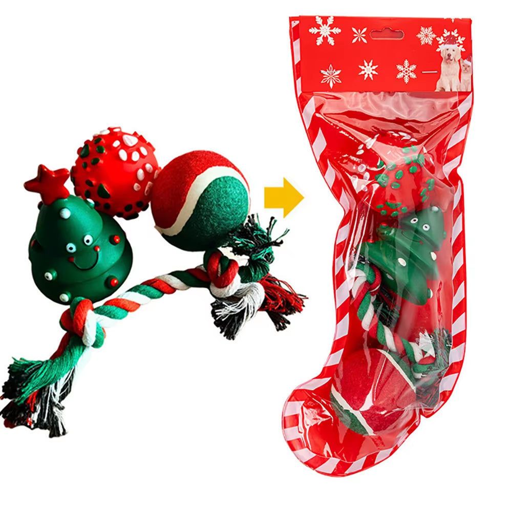 Christmas Stocking Dog Toys Set Gift Puppy Bite Rope Santa Claus Elk Chew Squeaky Toys Interactive Dog Toys Christmas Gifts