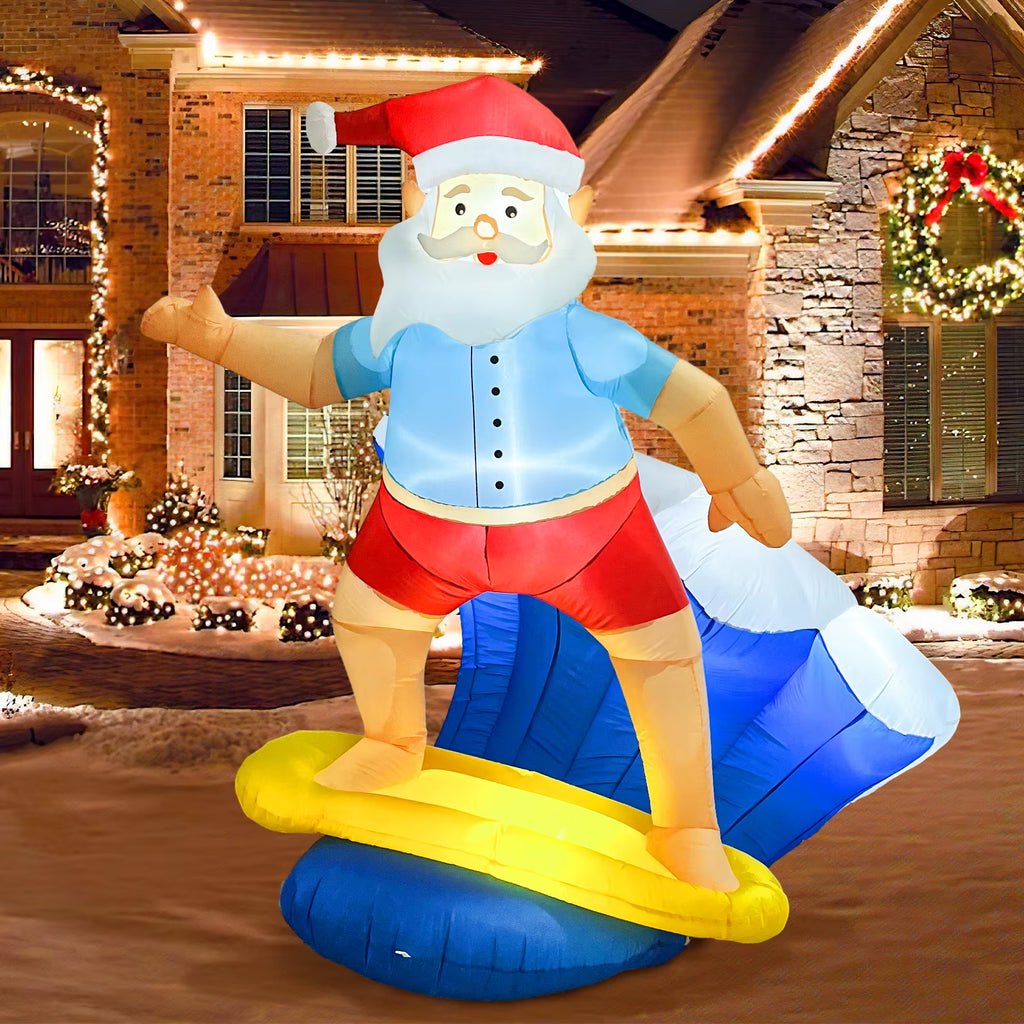 6FT Christmas Surfing Santa Claus Inflatable with LED Lights, Christmas Blow up Yard Decorations for Christmas Garden Lawn Decor