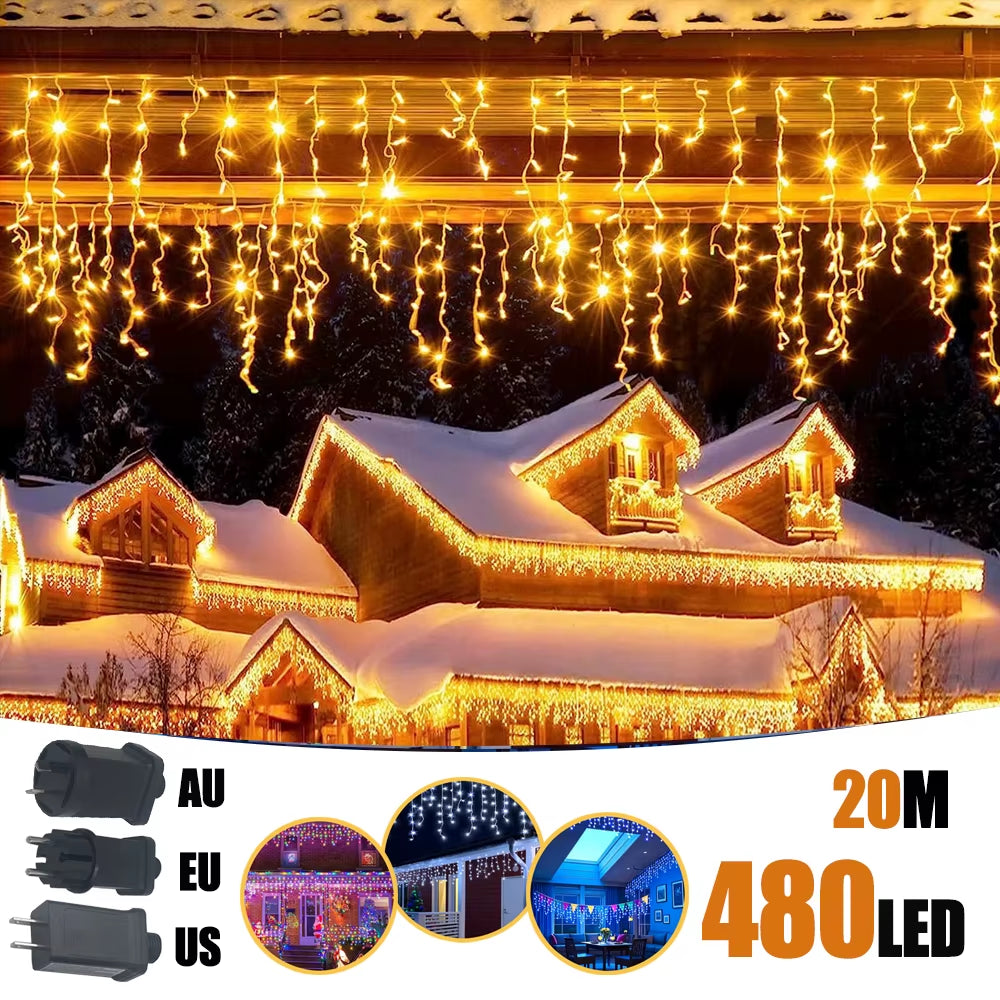 6.5/20M 200/LED Icicle String Lights Christmas 40Drops 8 Modes, Plug in Curtain Waterproof for Holiday Wedding Party Home Garden