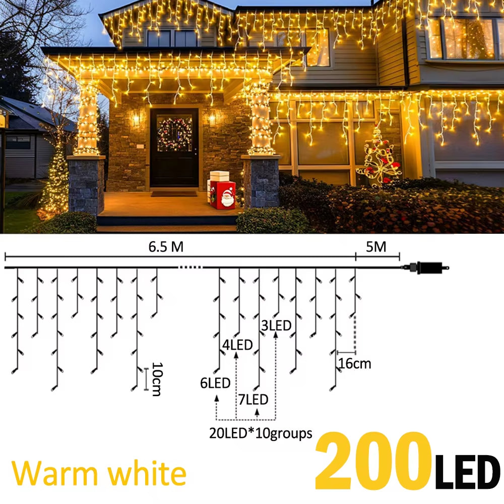 6.5/20M 200/LED Icicle String Lights Christmas 40Drops 8 Modes, Plug in Curtain Waterproof for Holiday Wedding Party Home Garden
