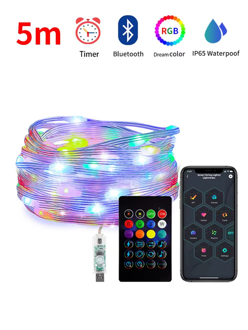 WS2812B USB LED Dreamcolor Fairy String Lights Bluetooth Christmas Lights Wedding Decoration Bedroom Holiday Lighting Waterproof