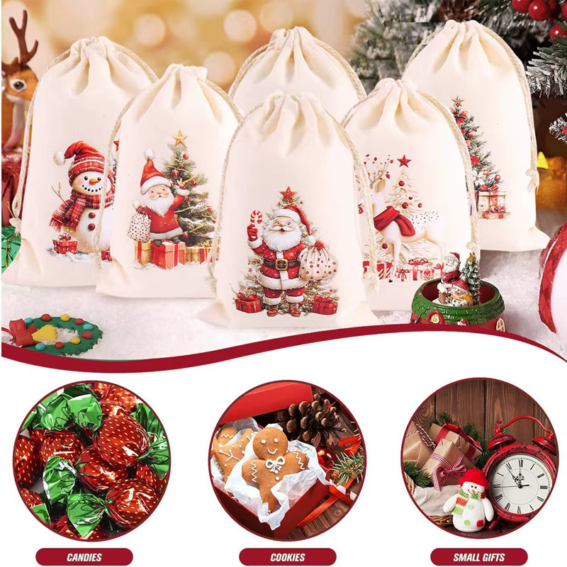 6Pcs Christmas Linen Drawstring Bags Burlap Gift Bags Candy Biscuits Pouchs for Home Decor 2025 Navidad Natal New Year Gift 2026