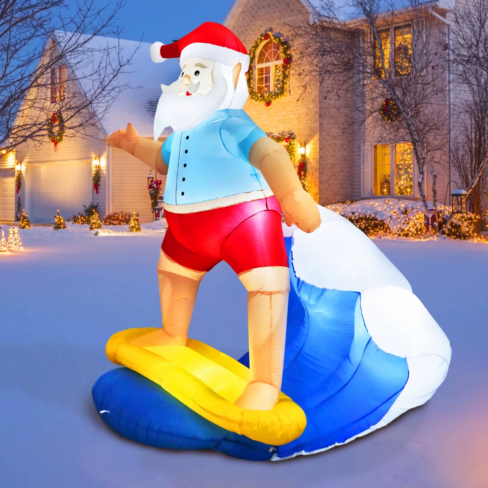6FT Christmas Surfing Santa Claus Inflatable with LED Lights, Christmas Blow up Yard Decorations for Christmas Garden Lawn Decor