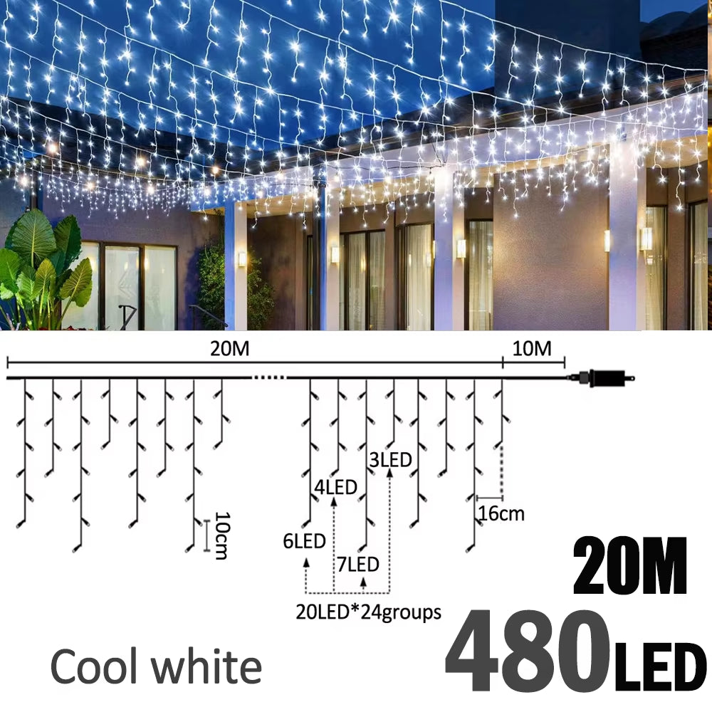 6.5/20M 200/LED Icicle String Lights Christmas 40Drops 8 Modes, Plug in Curtain Waterproof for Holiday Wedding Party Home Garden