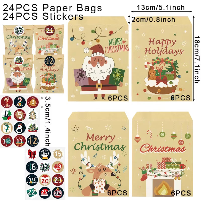 24Set Christmas Gift Bag Kraft Paper Bags Santa Claus Snowman Xmas Party Candy Bag Cookie Xmas Packaging Bag Pouch Wrapping