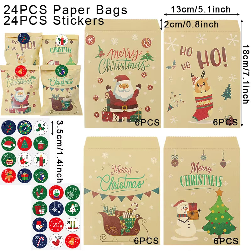 24Set Christmas Gift Bag Kraft Paper Bags Santa Claus Snowman Xmas Party Candy Bag Cookie Xmas Packaging Bag Pouch Wrapping
