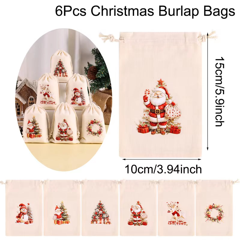 6Pcs Christmas Linen Drawstring Bags Burlap Gift Bags Candy Biscuits Pouchs for Home Decor 2025 Navidad Natal New Year Gift 2026