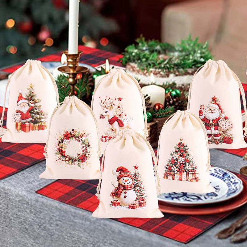 6Pcs Christmas Linen Drawstring Bags Burlap Gift Bags Candy Biscuits Pouchs for Home Decor 2025 Navidad Natal New Year Gift 2026