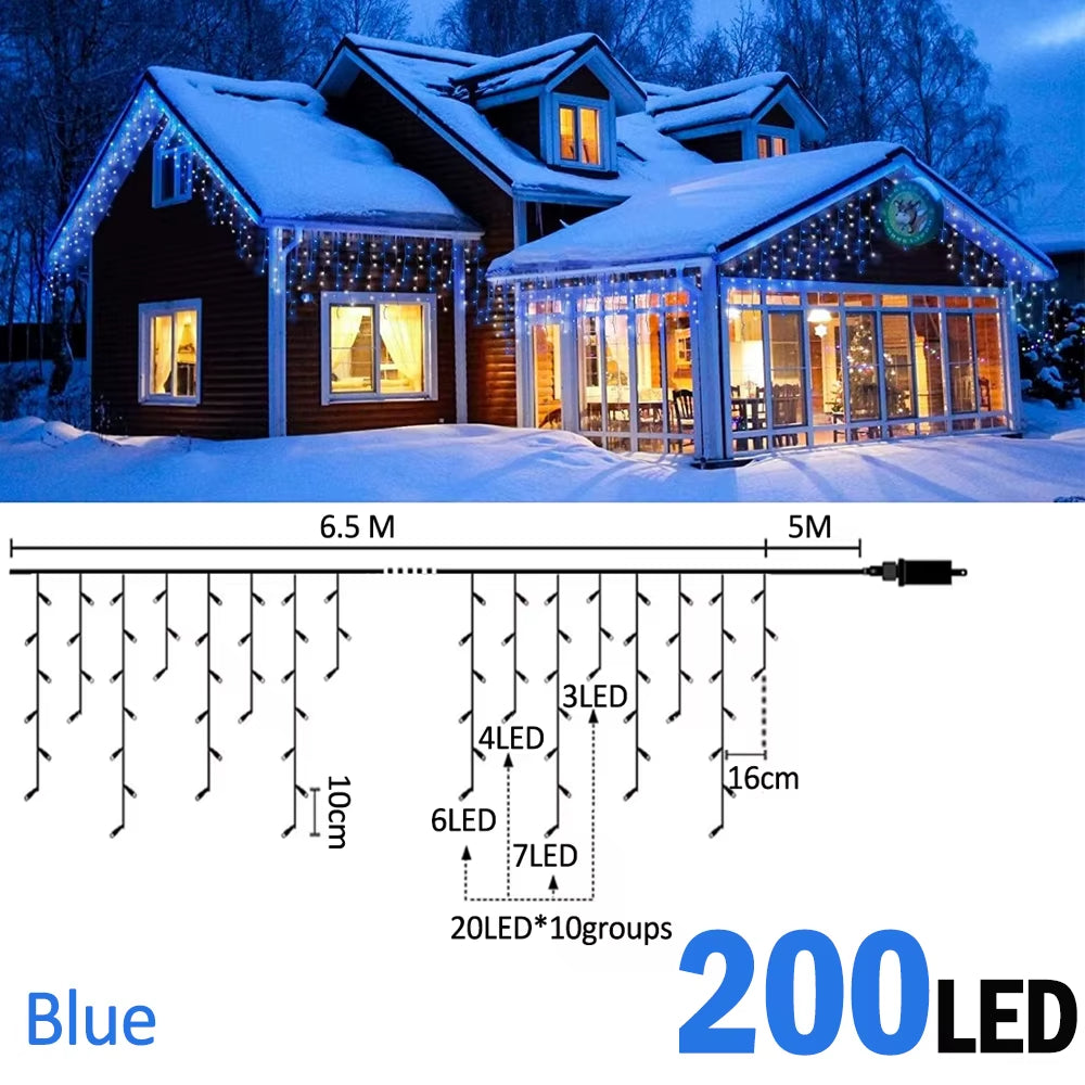 6.5/20M 200/LED Icicle String Lights Christmas 40Drops 8 Modes, Plug in Curtain Waterproof for Holiday Wedding Party Home Garden