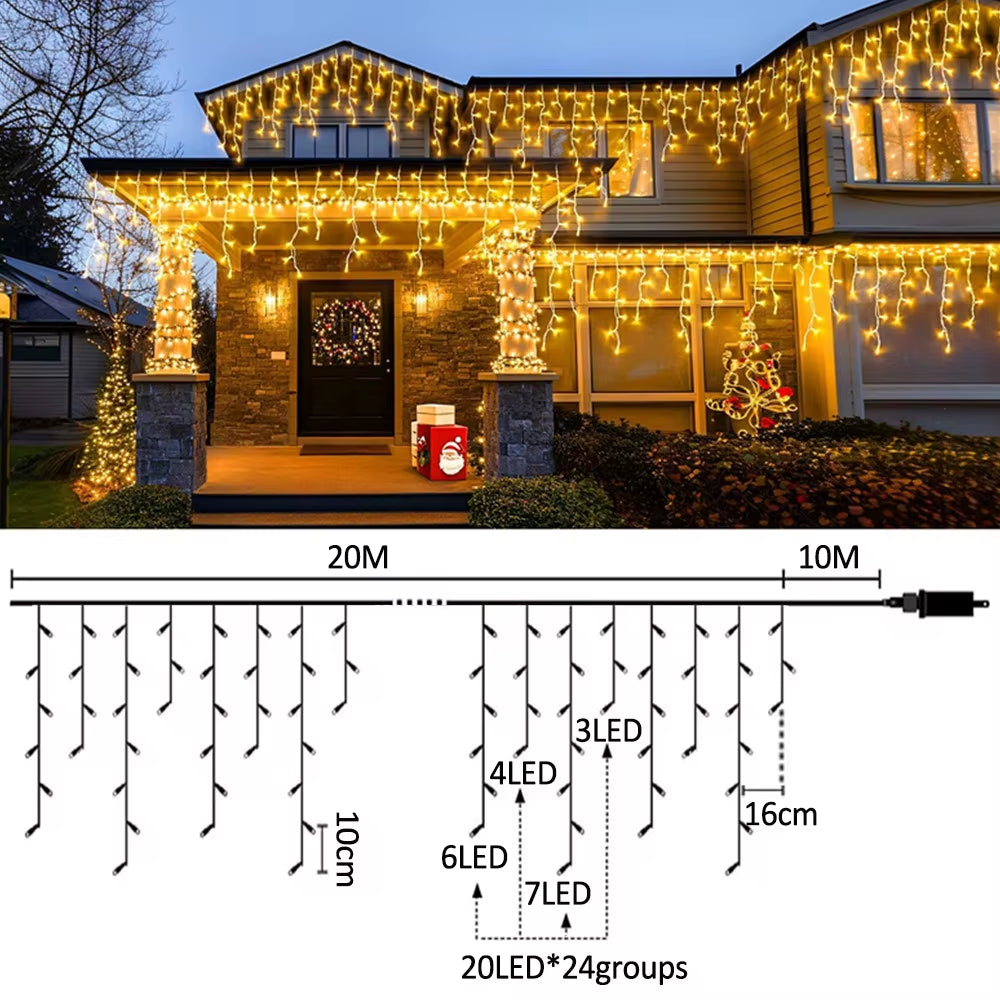 6.5/20M 200/LED Icicle String Lights Christmas 40Drops 8 Modes, Plug in Curtain Waterproof for Holiday Wedding Party Home Garden