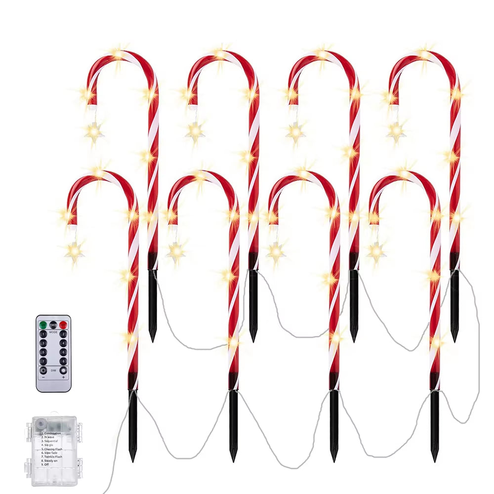 Christmas Candy Cane Lights 8 Modes Timer Remote Waterproof Battery Operated Pathway Marker Garden Landscape Decor Lawn Lights