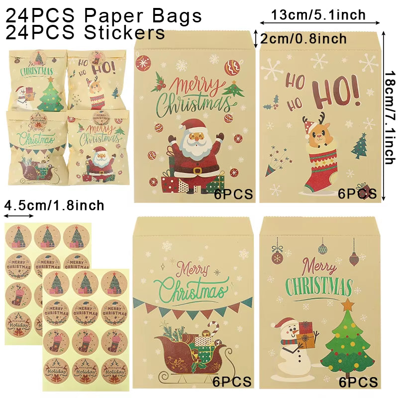 24Set Christmas Gift Bag Kraft Paper Bags Santa Claus Snowman Xmas Party Candy Bag Cookie Xmas Packaging Bag Pouch Wrapping