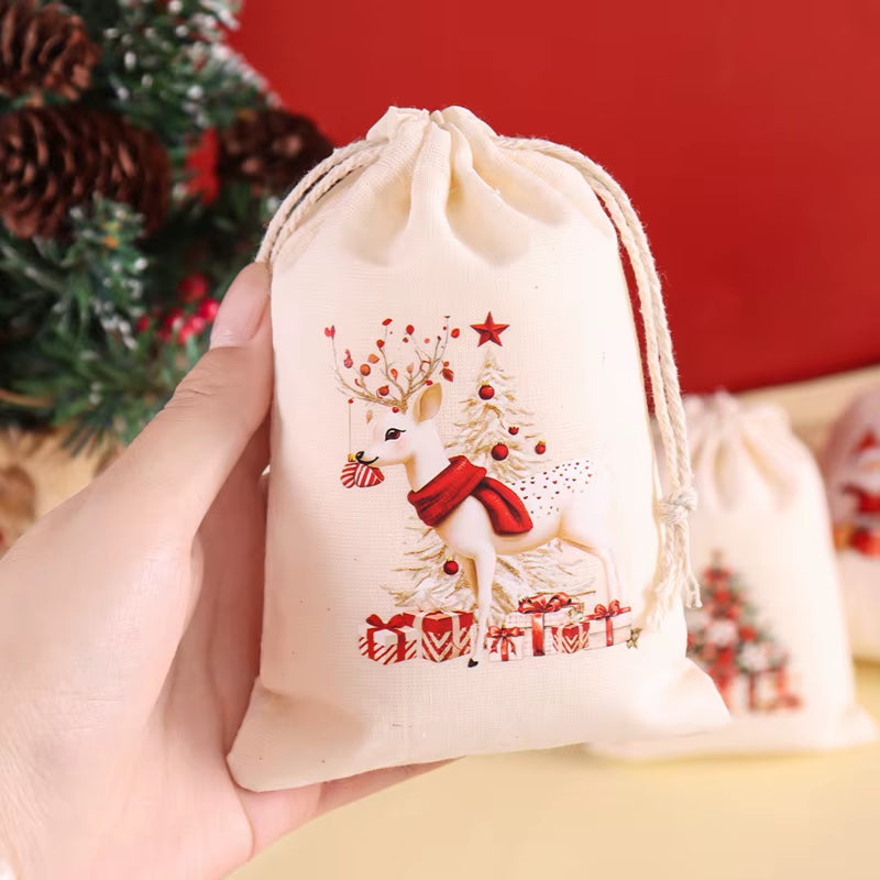 6Pcs Christmas Linen Drawstring Bags Burlap Gift Bags Candy Biscuits Pouchs for Home Decor 2025 Navidad Natal New Year Gift 2026