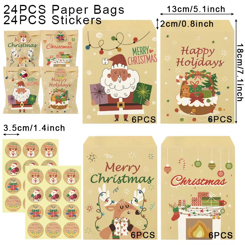 24Set Christmas Gift Bag Kraft Paper Bags Santa Claus Snowman Xmas Party Candy Bag Cookie Xmas Packaging Bag Pouch Wrapping