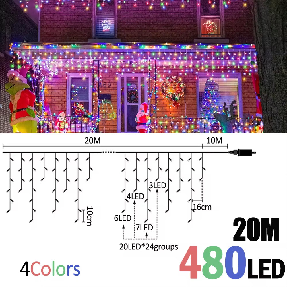 6.5/20M 200/LED Icicle String Lights Christmas 40Drops 8 Modes, Plug in Curtain Waterproof for Holiday Wedding Party Home Garden