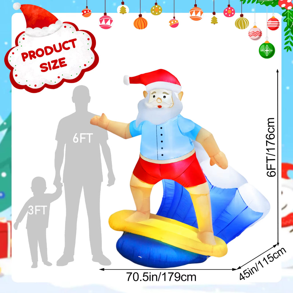 6FT Christmas Surfing Santa Claus Inflatable with LED Lights, Christmas Blow up Yard Decorations for Christmas Garden Lawn Decor