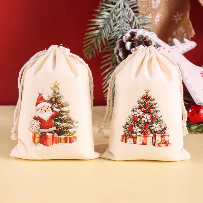 6Pcs Christmas Linen Drawstring Bags Burlap Gift Bags Candy Biscuits Pouchs for Home Decor 2025 Navidad Natal New Year Gift 2026