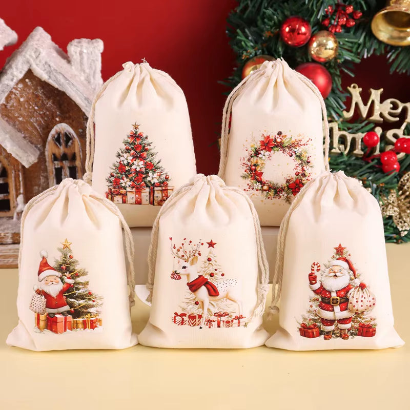 6Pcs Christmas Linen Drawstring Bags Burlap Gift Bags Candy Biscuits Pouchs for Home Decor 2025 Navidad Natal New Year Gift 2026