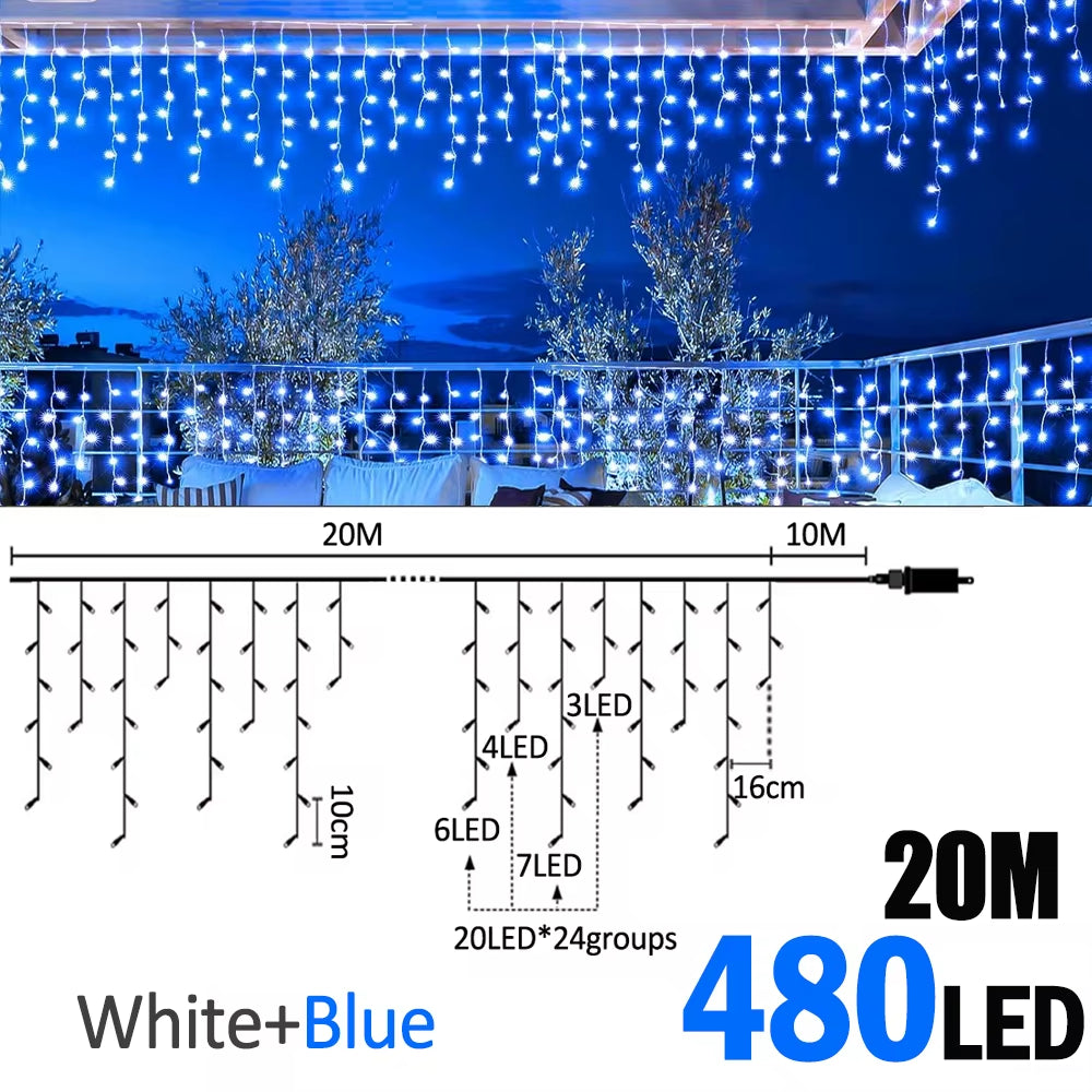6.5/20M 200/LED Icicle String Lights Christmas 40Drops 8 Modes, Plug in Curtain Waterproof for Holiday Wedding Party Home Garden