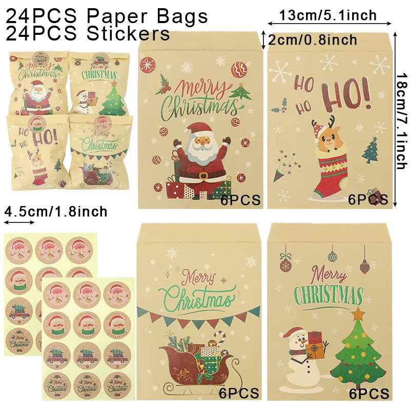 24Set Christmas Gift Bag Kraft Paper Bags Santa Claus Snowman Xmas Party Candy Bag Cookie Xmas Packaging Bag Pouch Wrapping