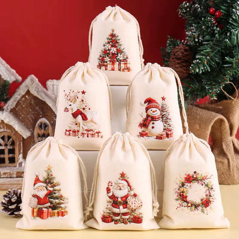 6Pcs Christmas Linen Drawstring Bags Burlap Gift Bags Candy Biscuits Pouchs for Home Decor 2025 Navidad Natal New Year Gift 2026