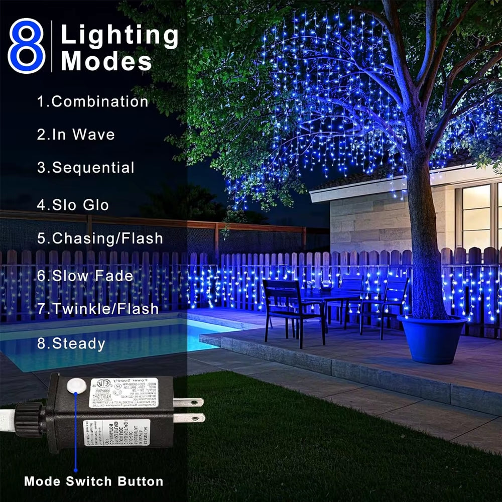 6.5/20M 200/LED Icicle String Lights Christmas 40Drops 8 Modes, Plug in Curtain Waterproof for Holiday Wedding Party Home Garden