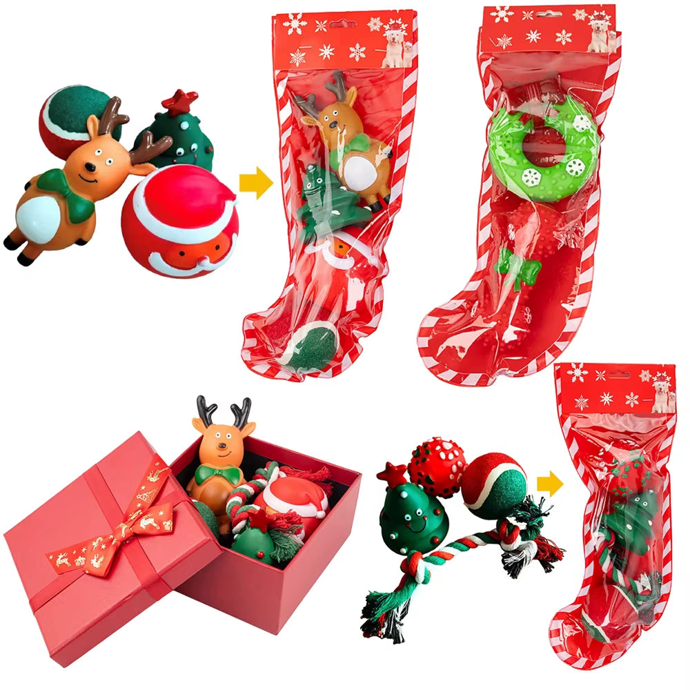 Christmas Stocking Dog Toys Set Gift Puppy Bite Rope Santa Claus Elk Chew Squeaky Toys Interactive Dog Toys Christmas Gifts