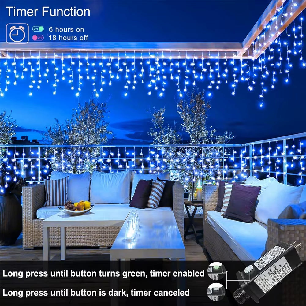 6.5/20M 200/LED Icicle String Lights Christmas 40Drops 8 Modes, Plug in Curtain Waterproof for Holiday Wedding Party Home Garden