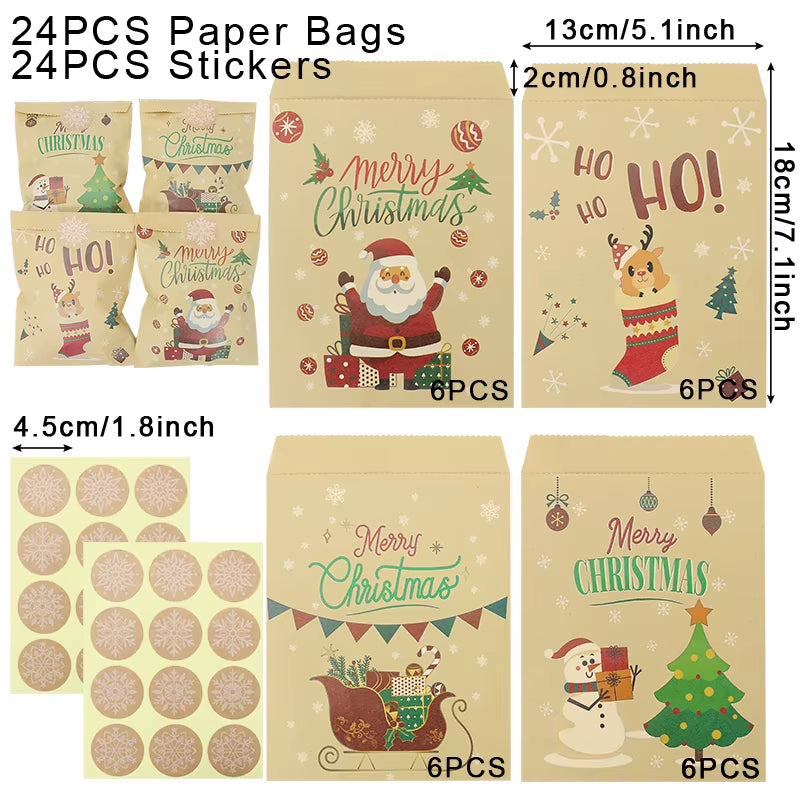 24Set Christmas Gift Bag Kraft Paper Bags Santa Claus Snowman Xmas Party Candy Bag Cookie Xmas Packaging Bag Pouch Wrapping