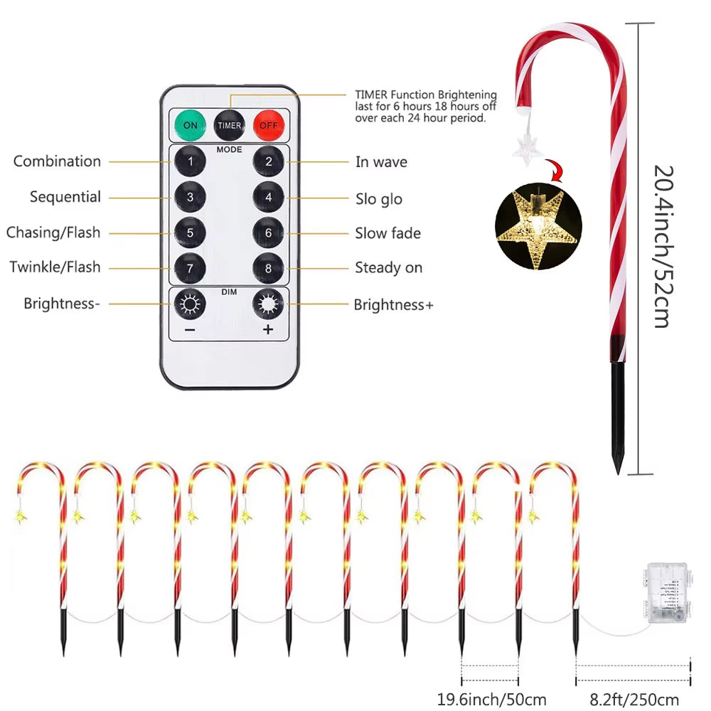 Christmas Candy Cane Lights 8 Modes Timer Remote Waterproof Battery Operated Pathway Marker Garden Landscape Decor Lawn Lights